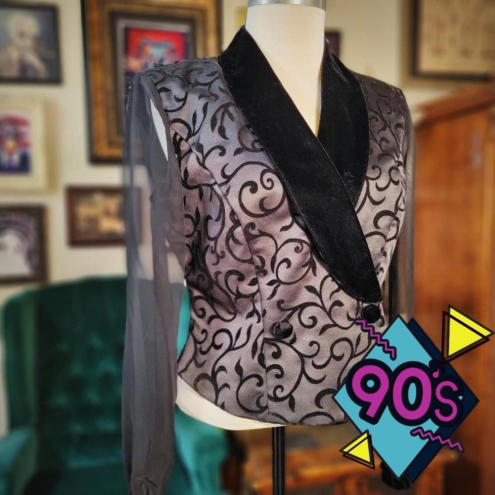 Vintage 90s JR NITES By CALIENDO Black Formal Sheer Floral Jacket - Size 8